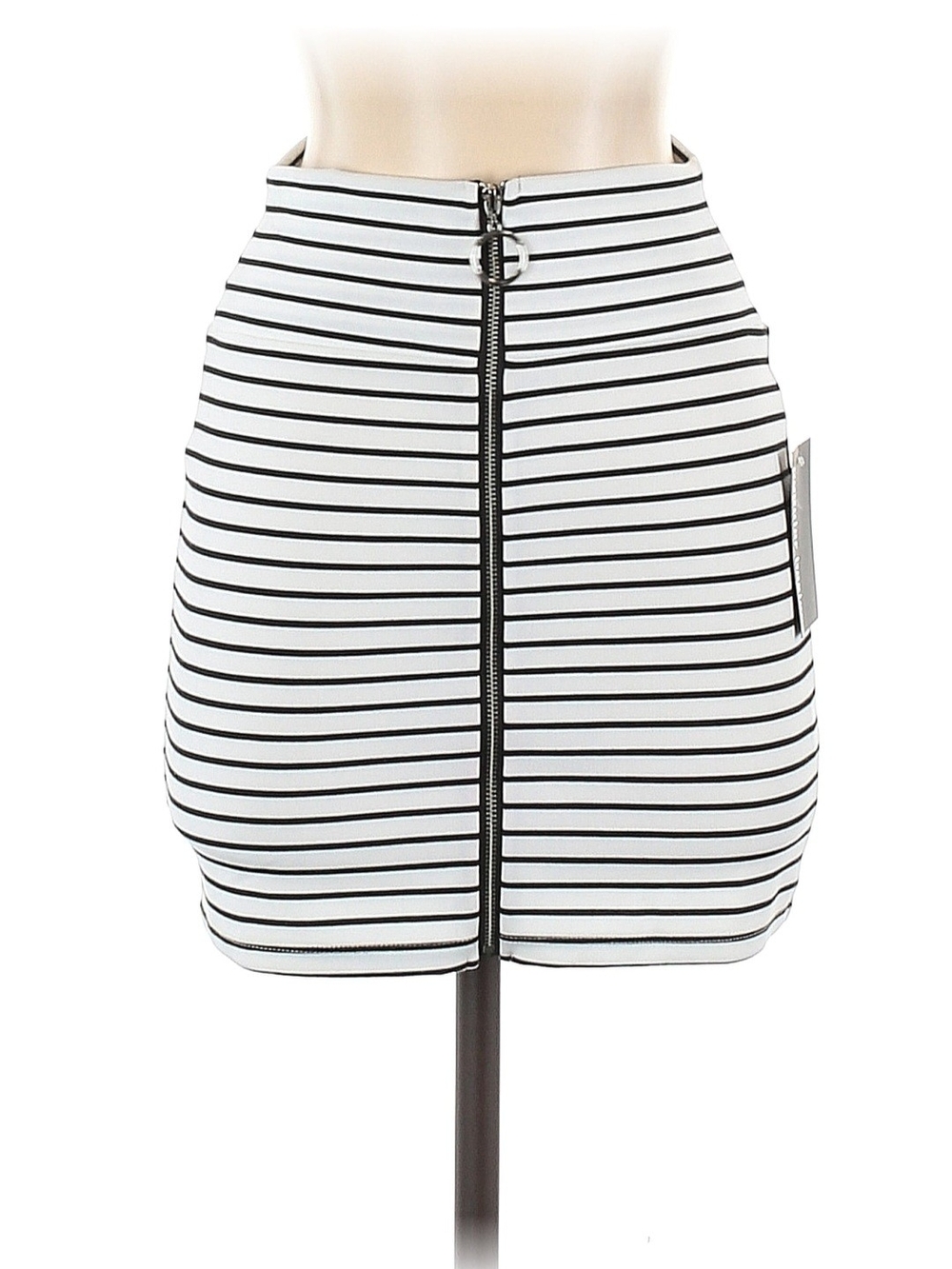 Popular Basics White and Black Striped Front-Zip Mini Skirt
